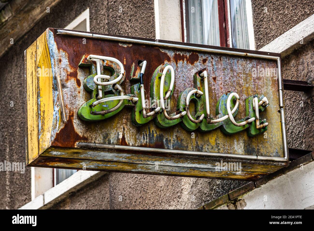 Rusted neon sign 'Pictures' in  Brandenburg, Germany Stock Photo