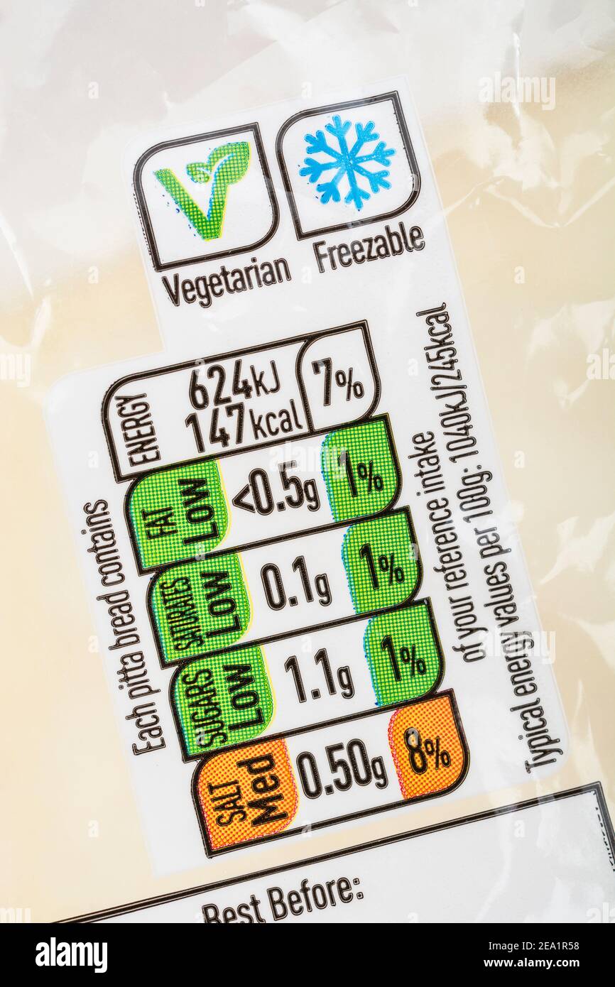 Close-up shot of food nutrition information label on single use plastic wrapper of ASDA plain naan breads. For vegan food, dietary information label. Stock Photo