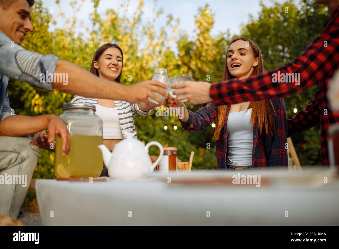 Friends clink glasses at table, picnic at camping Stock Photo Alamy