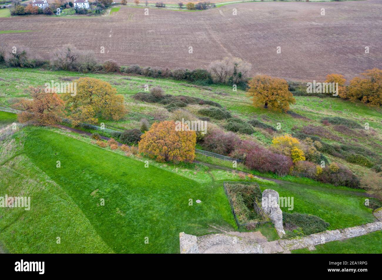 Aerial view of Hadleigh castle at sunrise in Benfleet Essex, UK country ...