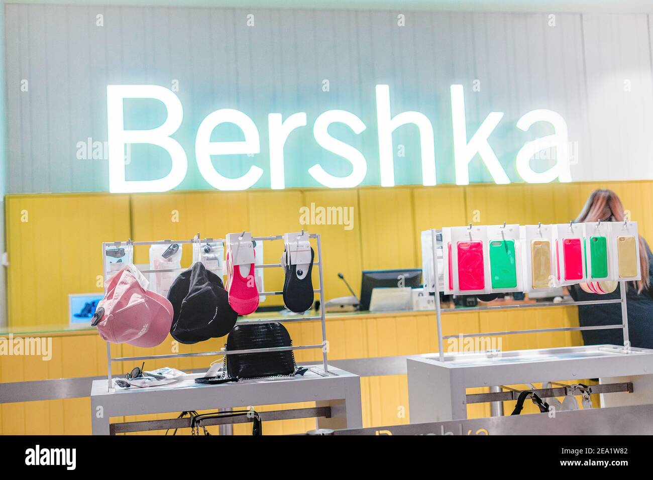 14 March 2020, Ufa, Russia: Spanish chain store Bershka. Selling ...