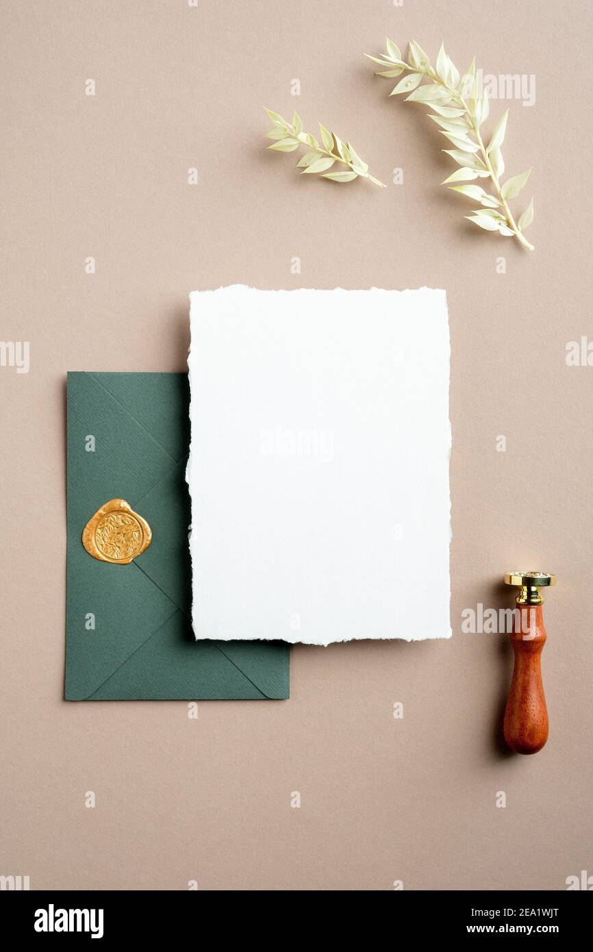 Download Elegant Wedding Stationery Mockup Scene Blank Greeting Card Green Envelope With Wax Seal Stamp Dried Flowers On Pastel Beige Background Flat Lay Stock Photo Alamy