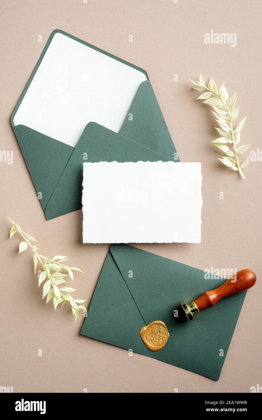 Vintage green envelopes with wax seal stamp, blank paper card, dried
