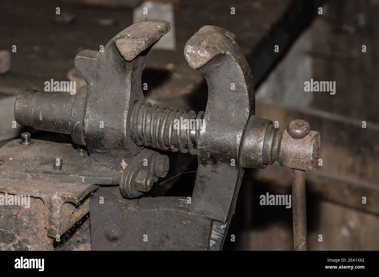 big bench vise in old abandoned Stock Photo Alamy