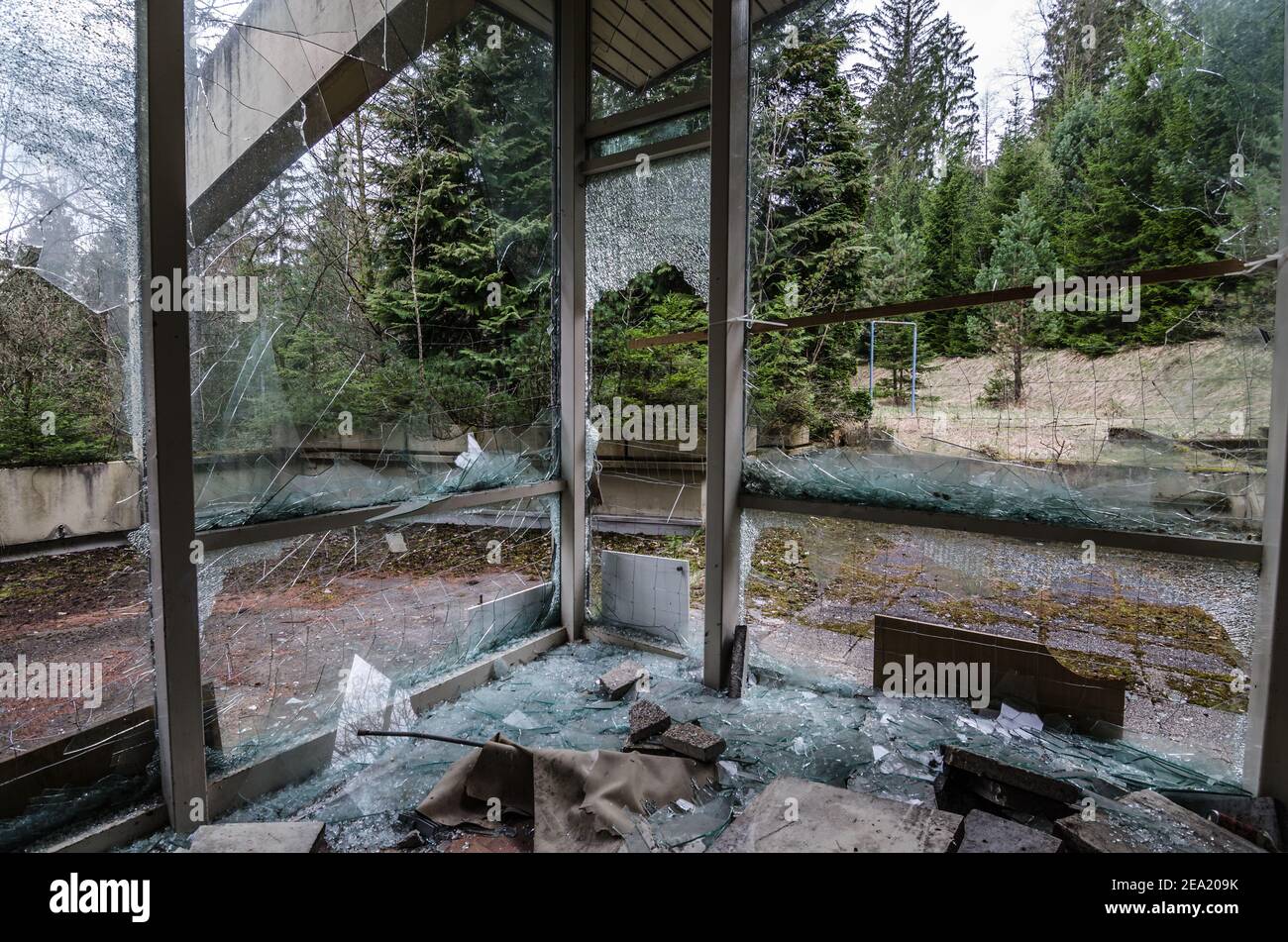 broken glass front in the old swimming pool Stock Photo Alamy