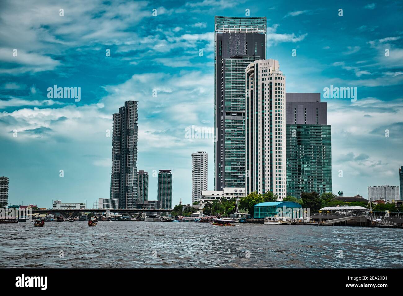 Bangkok, Thailand 08.20.2019 Skyline of Bangkok with The River condominium and the Four Seasons Private Luxury Residences on the banks of the majestic Stock Photo