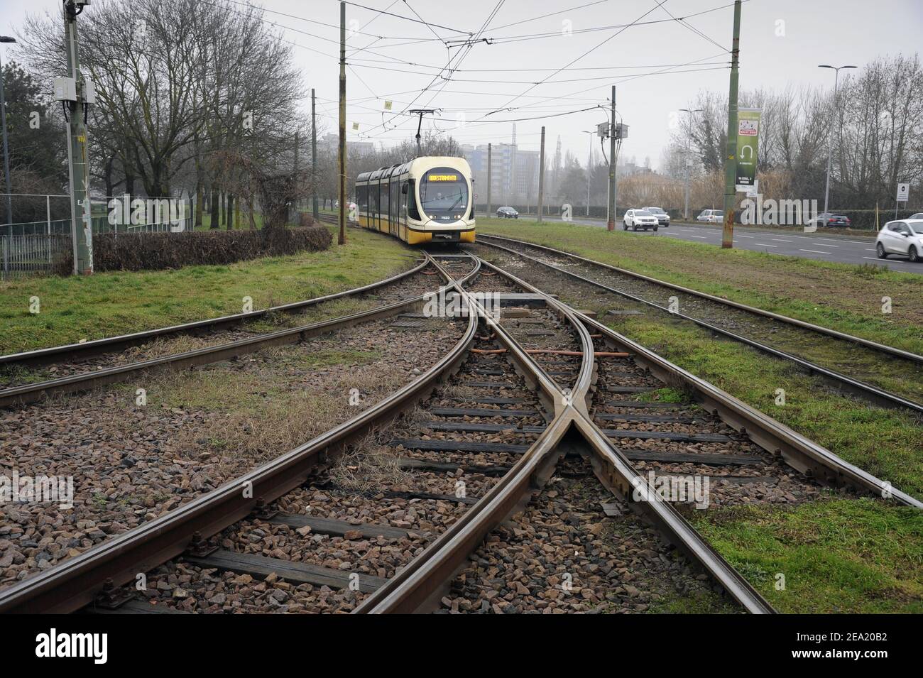 Milan (Italy), ATM (Milan transport company), terminus of streetcar line 3 at Gratosoglio district. driver training coach Stock Photo