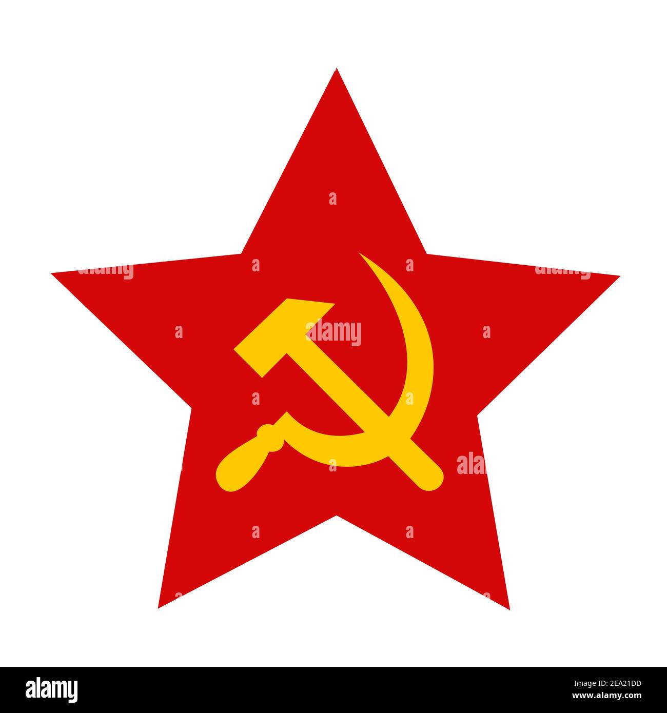 Red star with hammer and sickle - symbol and sign of communism and socialism. Vector illustration isolated on white. Stock Photo