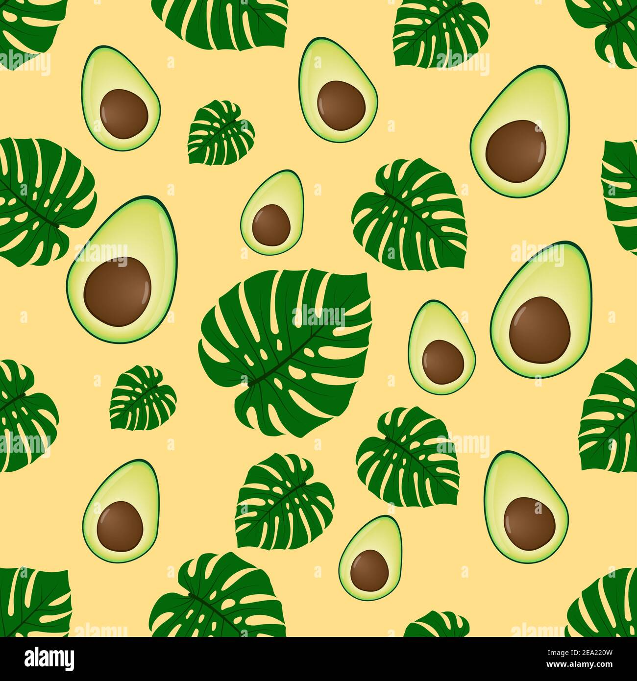 avocado halves and monstera sheets pattern Stock Vector