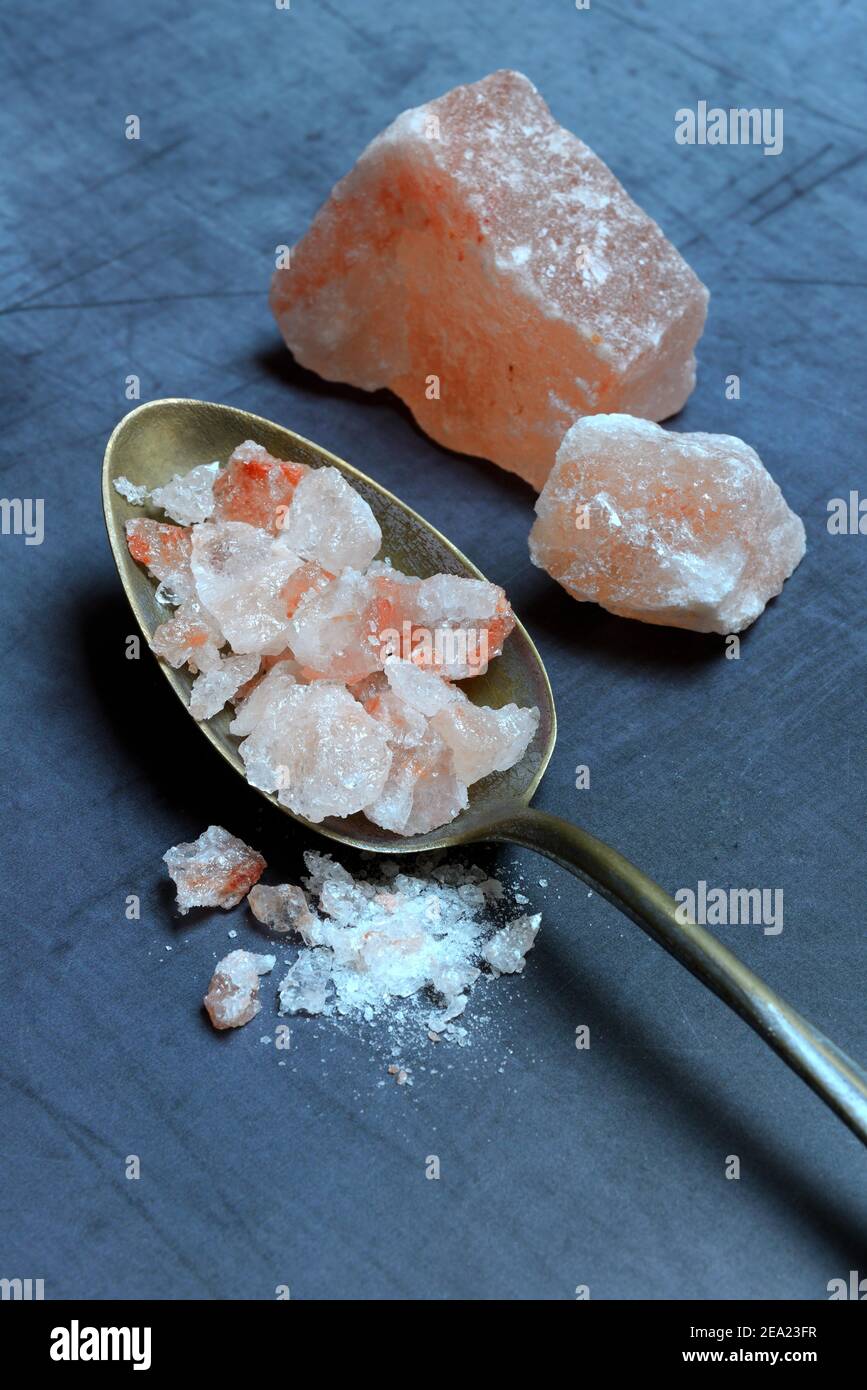 Himalayan salt in spoon, Himalayan crystal salt, Germany Stock Photo