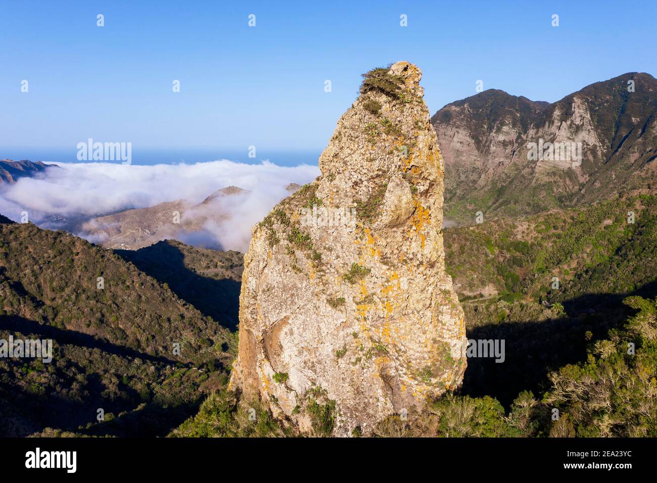 Rock needle Espigon de Ibosa, Garajonay National Park, near Hermigua, La Gomera, Canary Islands, Spain Stock Photo