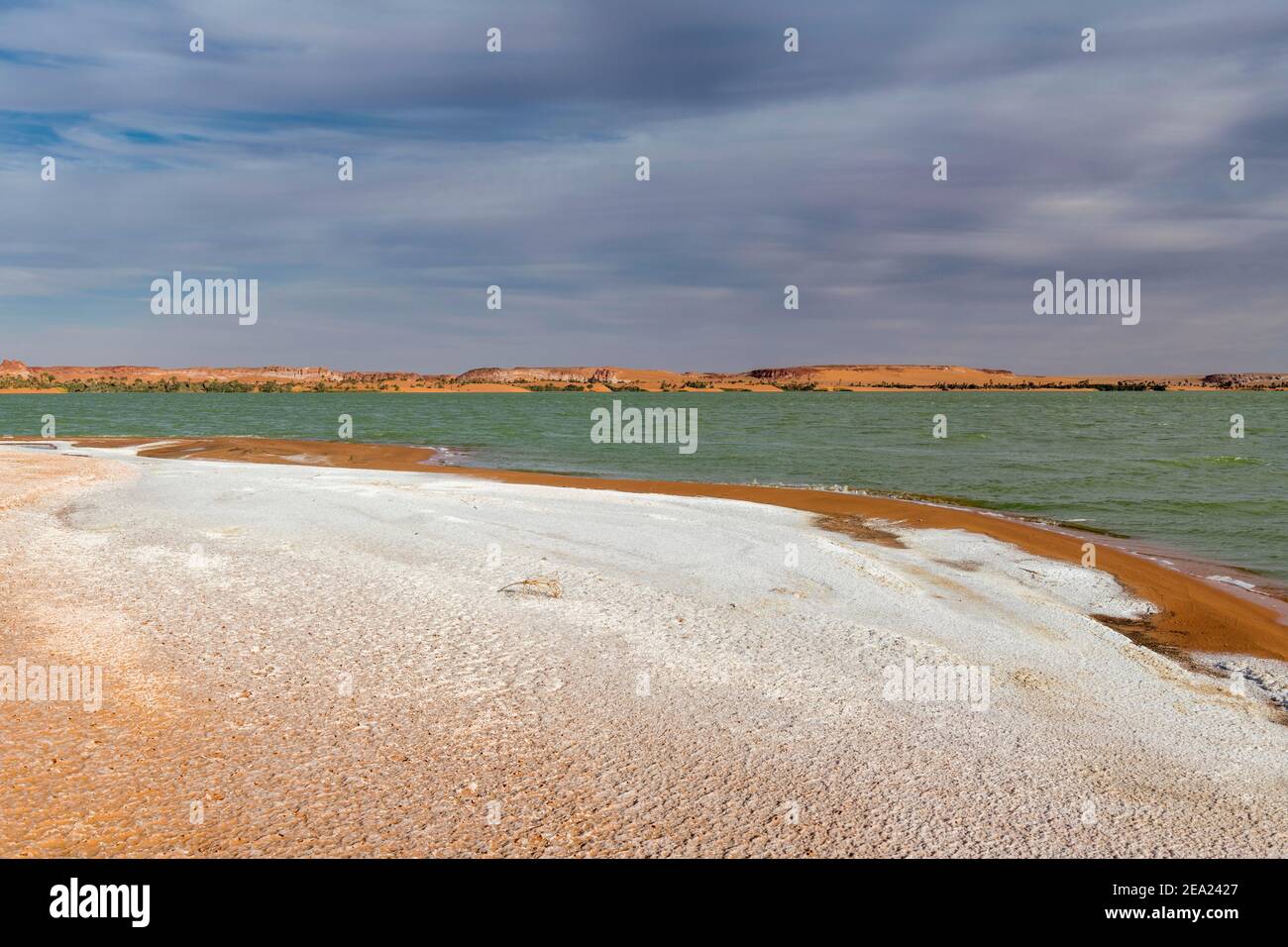 Salt crust at the shores of Ounianga kebir part of the the Unesco sight Ounianga lakes, northern Chad, Africa Stock Photo
