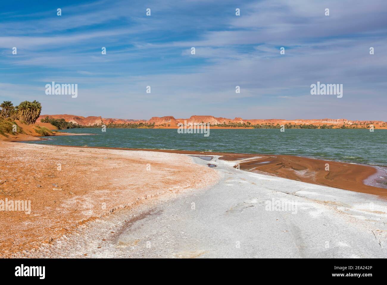 Salt crust at the shores of Ounianga kebir part of the the Unesco sight Ounianga lakes, northern Chad, Africa Stock Photo