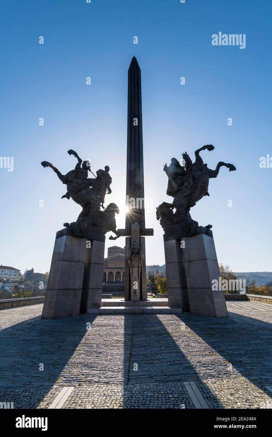 Backlight of the Monument of Asenevci, Veliko Tarnovo, Bulgaria Stock Photo