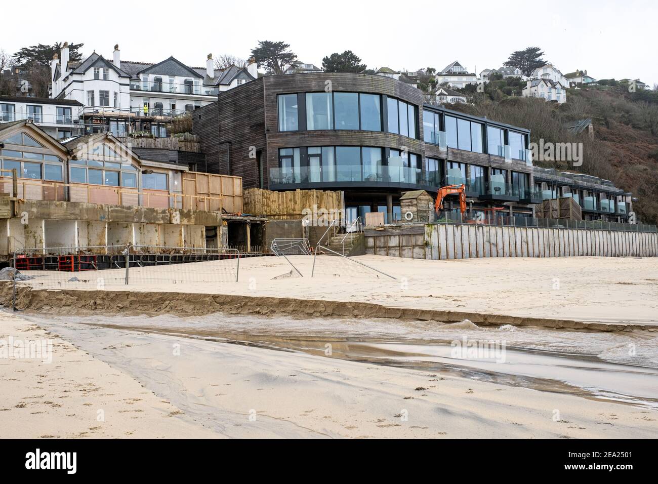 Carbis Bay hotel, restaurants and accommodation in St. Ives Cornwall, being completed ready for the G7 Summit in June 2021. Great views over the bay. Stock Photo