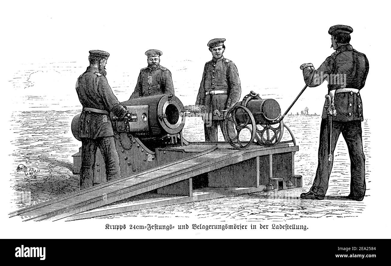 Prussian army soldiers mount a Krupp 24 cm. mortar gun for coast defense, the Franco-Prussian war (1870-1871) Stock Photo