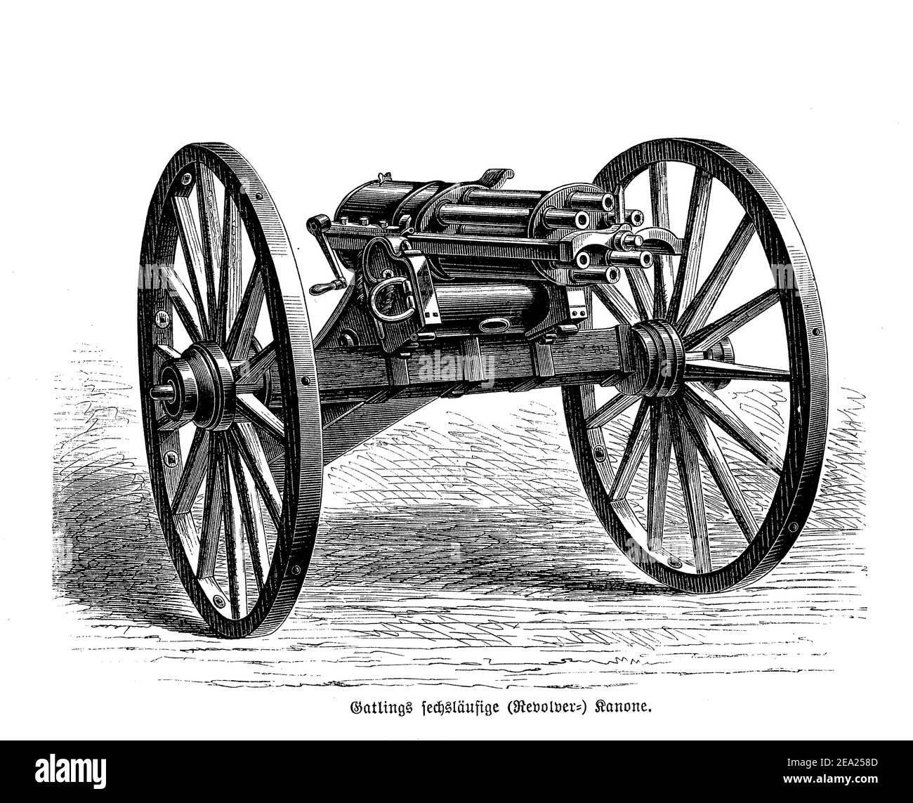 Gatling rapid-firing multiple-barrel machine gun invented in 1861 by Richard Jordan Gatling,  each barrel sequentially loads a single round of cartridge and fires off the shot as a revolver cannon Stock Photo
