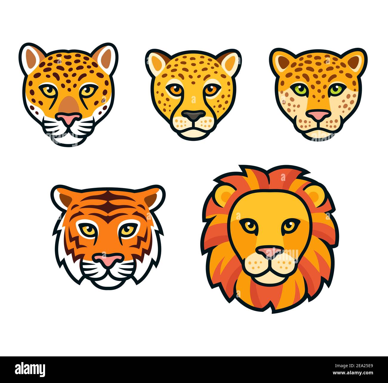 Big wild cats face set. Lion, tiger, leopard, jaguar, cheetah heads. Cartoon vector drawing, isolated vector clip art illustration. Stock Vector