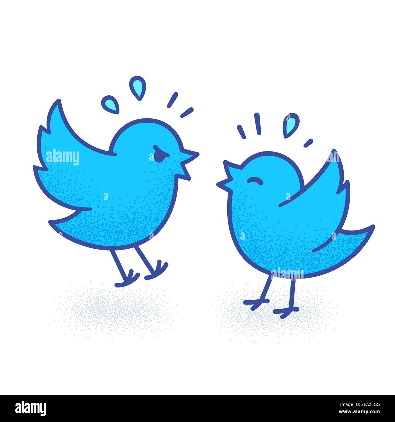 January 30, 2021. Illustration of two cartoon Twitter birds fighting, arguing on social media. Cute funny vector drawing. Stock Vector