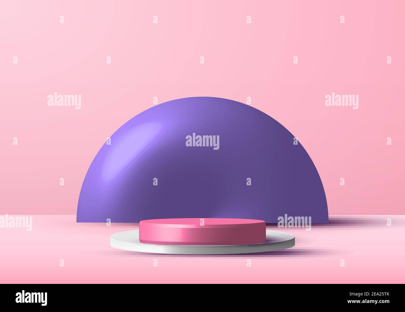 3D realistic pink and white rendering podium studio stage for display showcase with purple circle background. Vector illustration Stock Vector