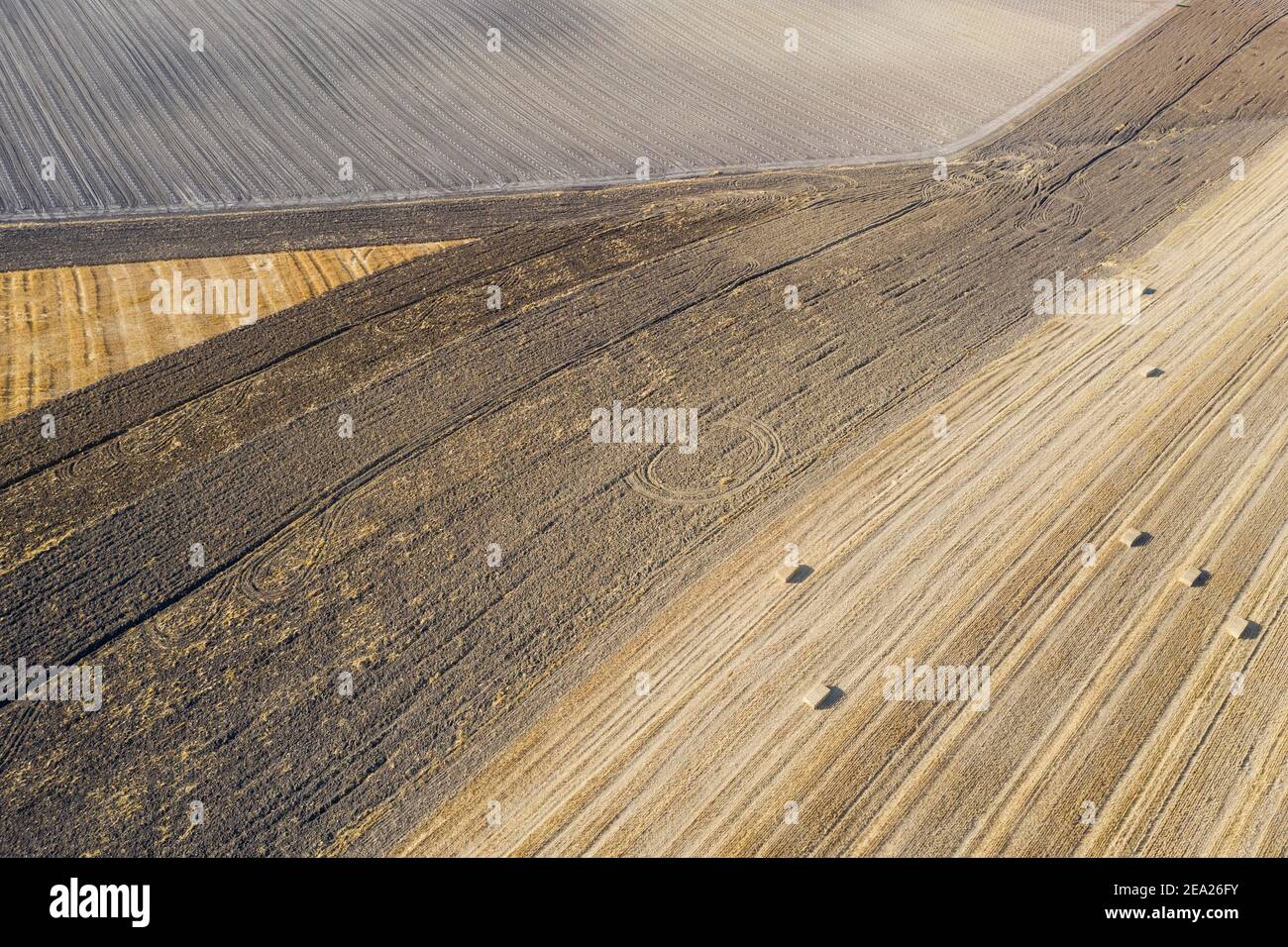 Bales of straw and abstract patterns in cornfield after wheat harvest ...