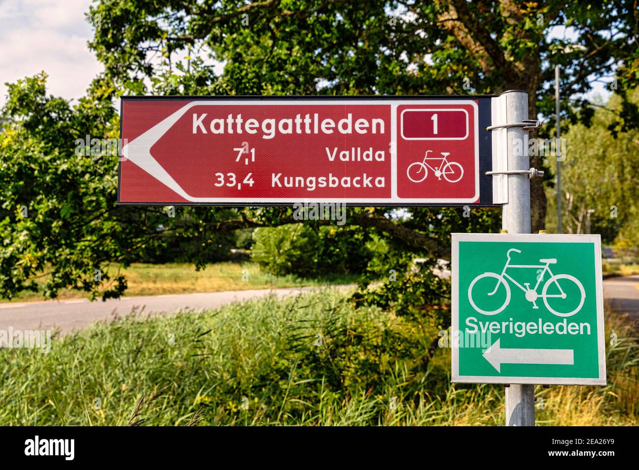Signpost with pictogram bicycle for Swedish cycling routes Kattegattleden  and Sverigeleden, Halland, Sweden Stock Photo - Alamy