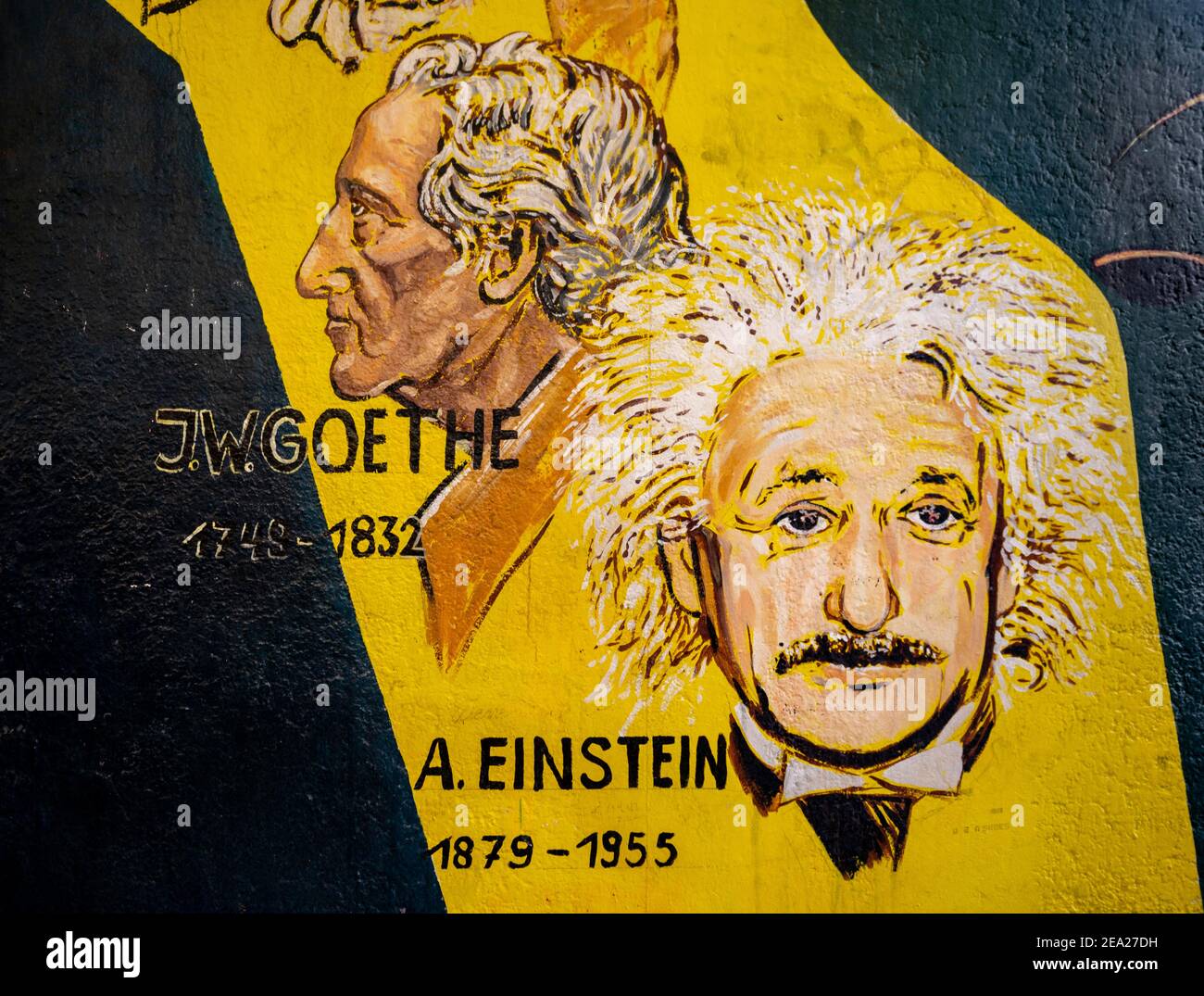 Graffiti Justitia with Goethe and Einstein, artist Klaus Niethardt, mural, Berlin Wall, East Side Gallery, Berlin, Germany Stock Photo