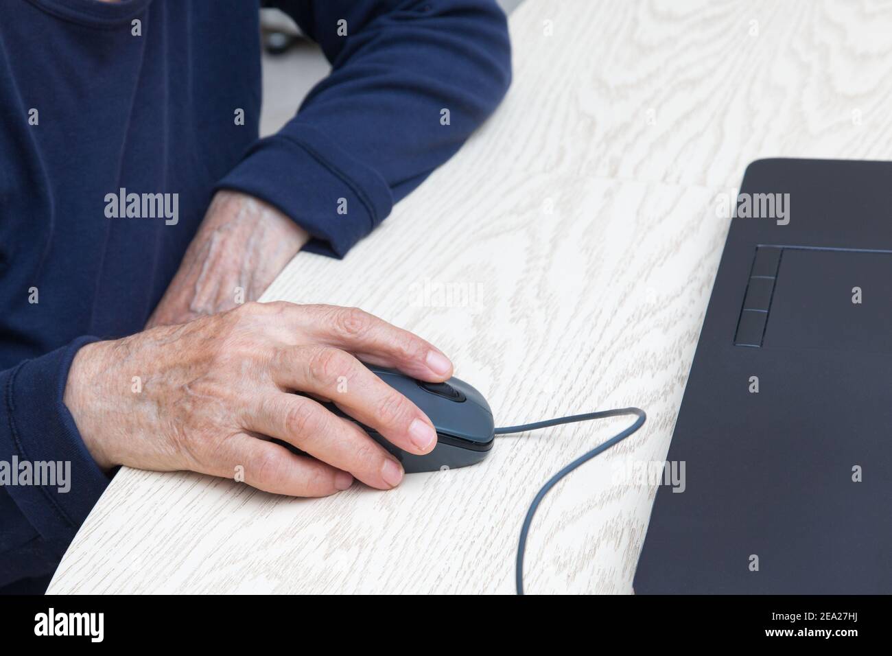 Hands of an elderly woman close-up with a computer mouse. A woman in a blue sweater sits at a table and works on a laptop. The concept of retraining o Stock Photo