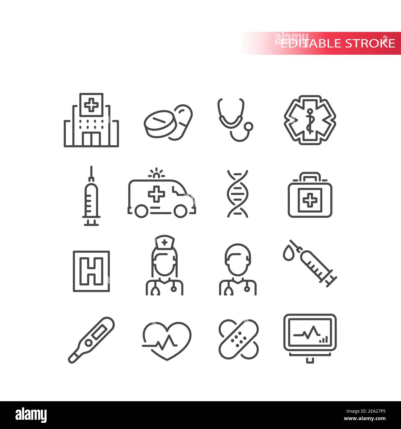 Medical or medicine line vector icon set. Hospital, nurse, doctor icons; pills and stethoscope