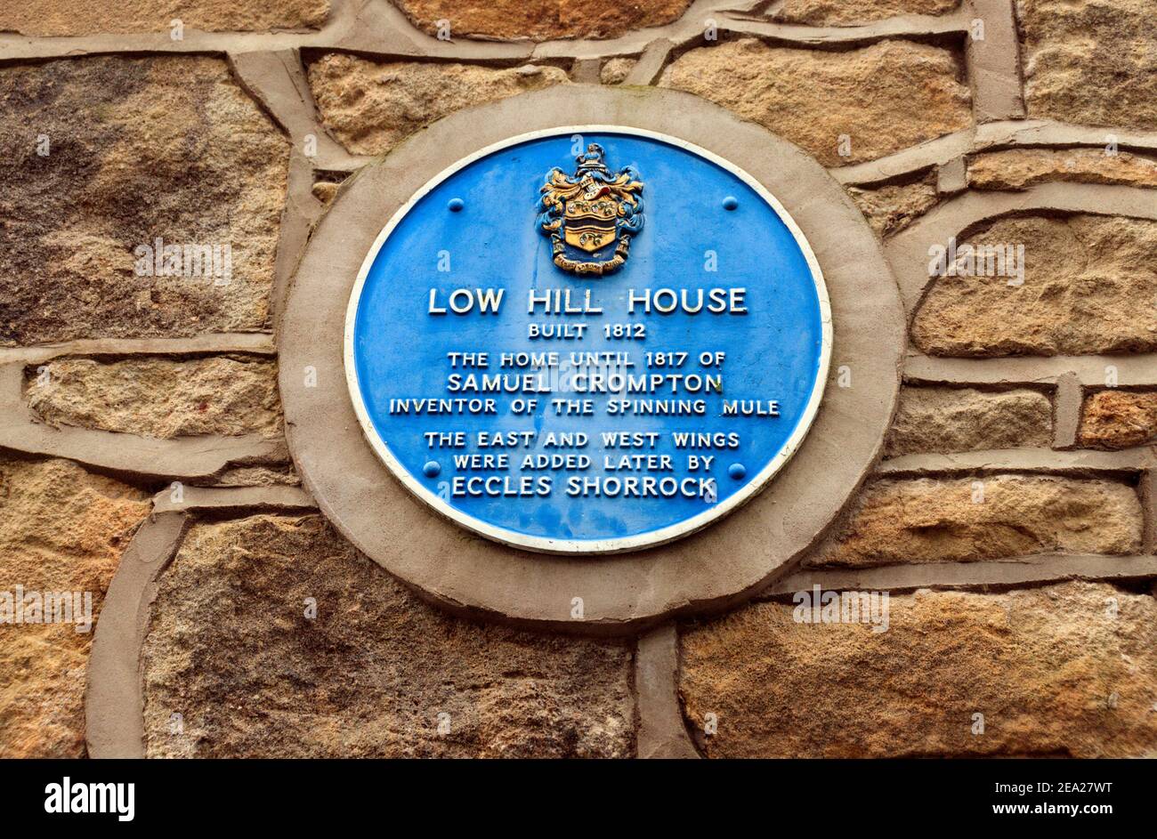 Low Hill House blue plaque. Bury Fold Lane, Darwen, Lancashire. Home of Samuel Crompton. Stock Photo