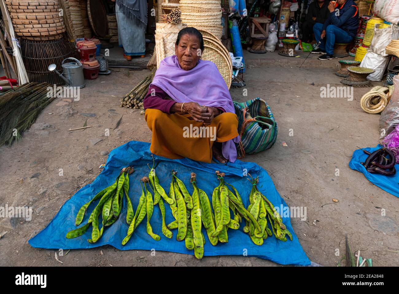 Woman vendor selling vegetables, Ima Keithel womenÂ´s market, Imphal, Manipur, India Stock Photo