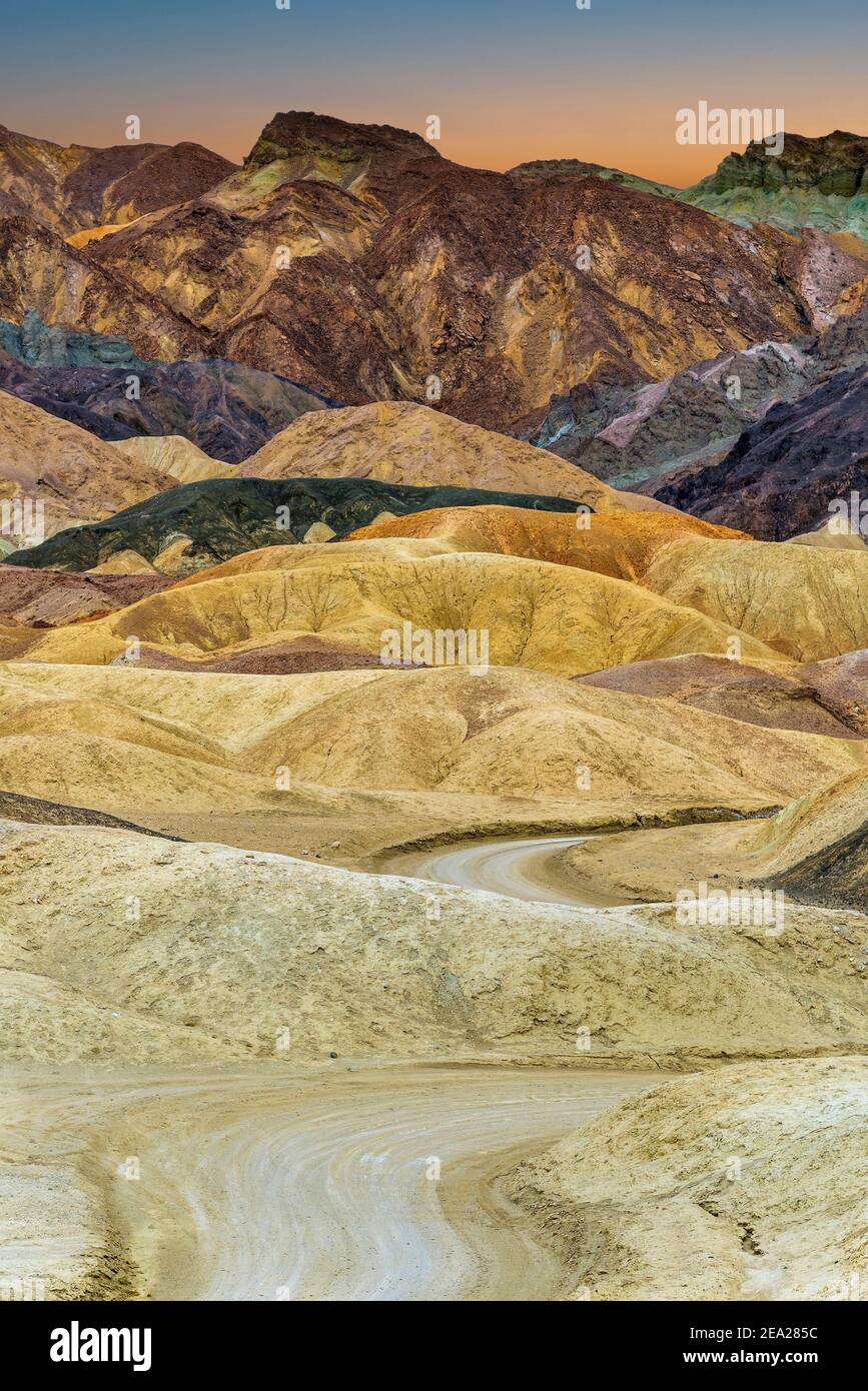 Scenic view over multicolored badlands at Twenty Mule Team Canyon, Death Valley National Park, California, USA Stock Photo
