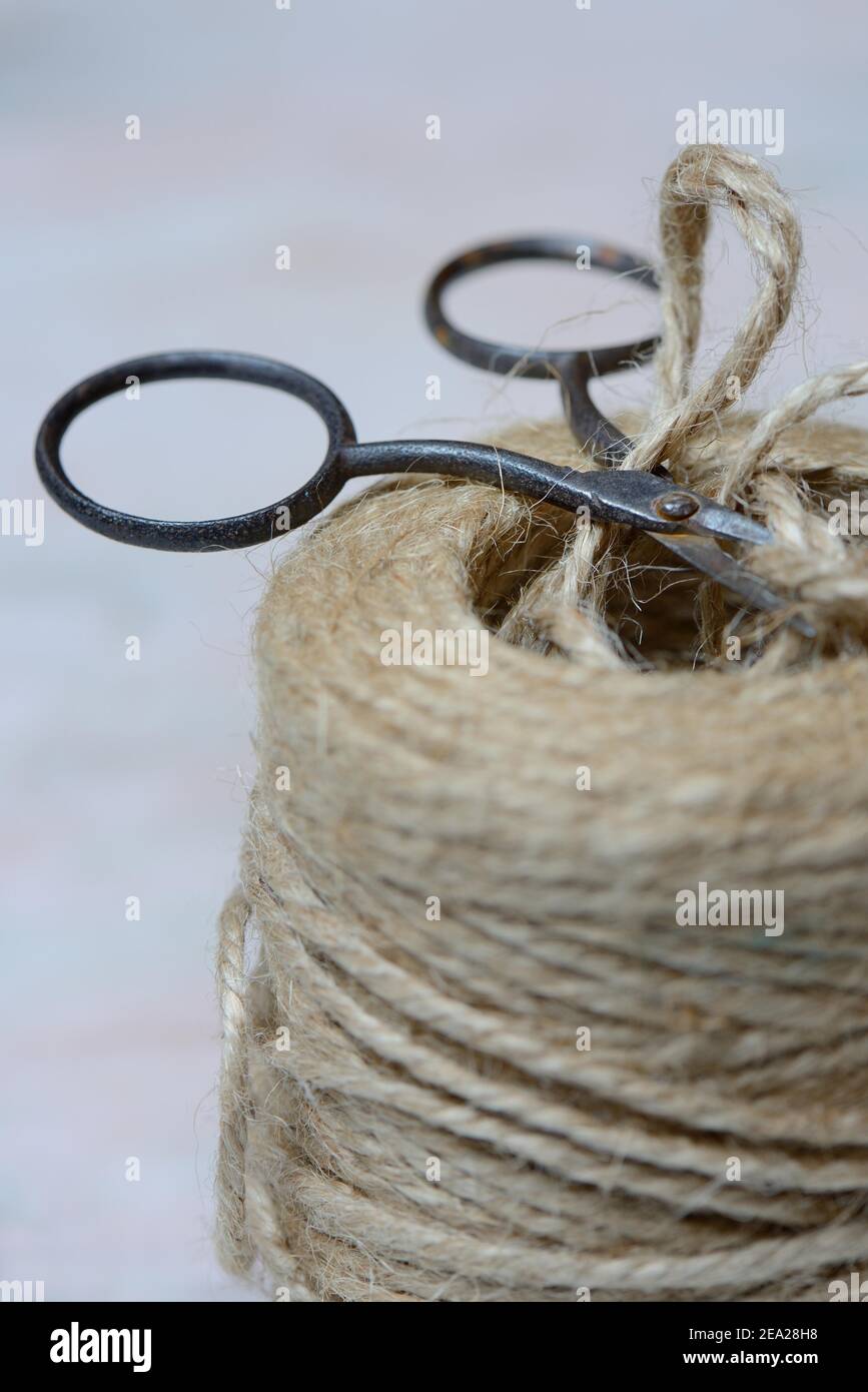 Roll of jute string and scissors, jute thread, jute Stock Photo Alamy
