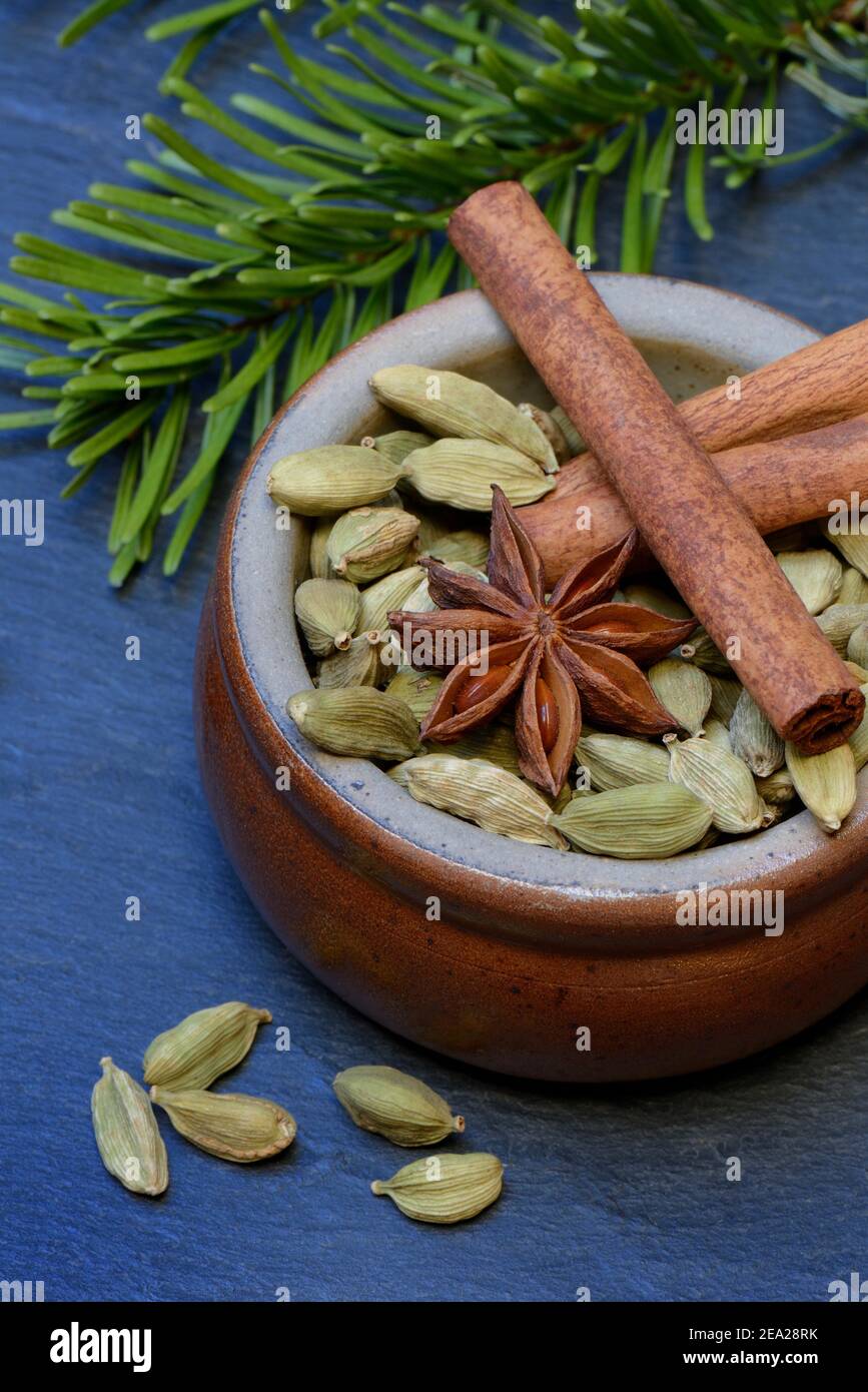 Christmas spices in bowl, cinnamon sticks( Elettaria cardamomum) , star anise ( Illicium verum) Stock Photo