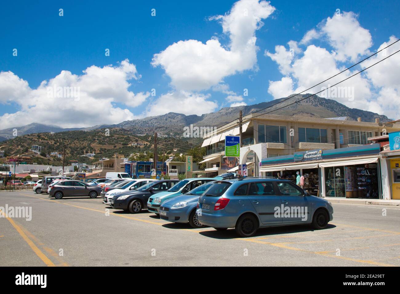 CRETE, GREECE : Main street in the Plakias village on the south coast of the Greek island of Crete. Stock Photo