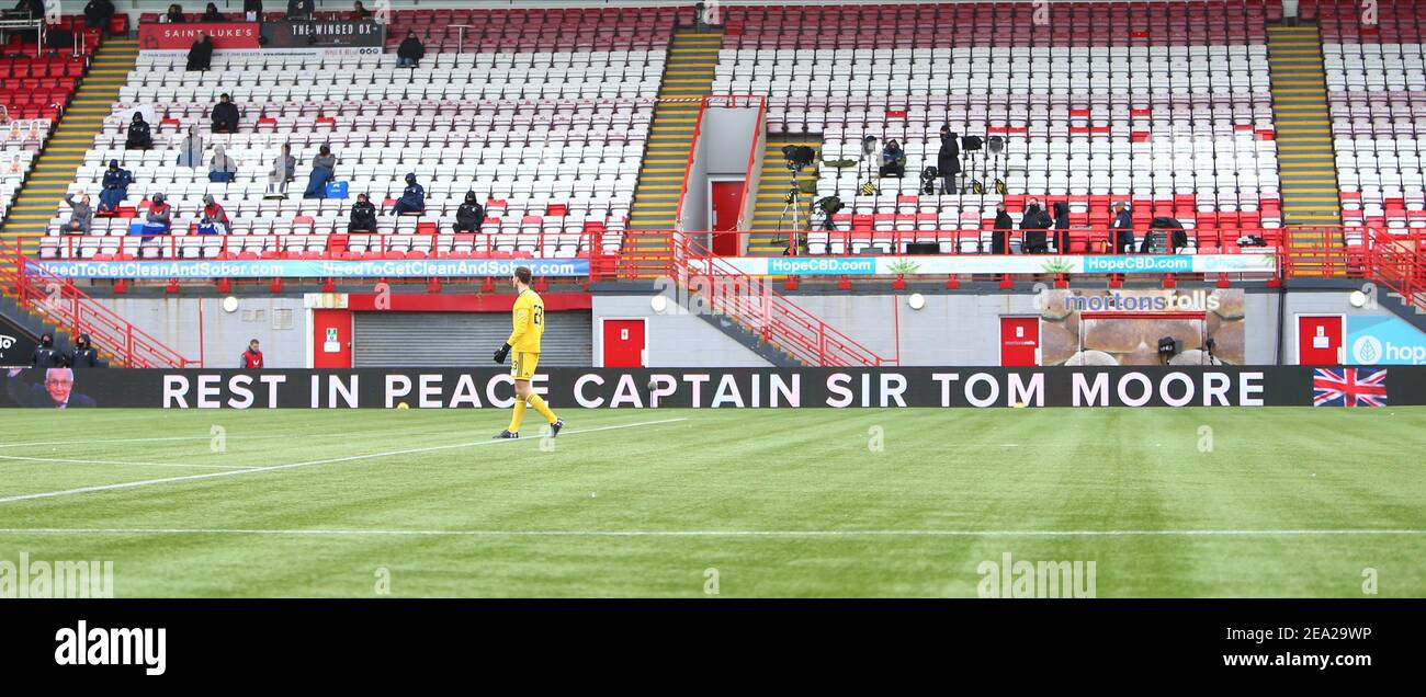 7th February 2021; Fountain of Youth Stadium Hamilton, South Lanarkshire, Scotland; Scottish Premiership Football, Hamilton Academical versus Rangers; Memorial messaging displayed for Captain Sir Tom Moore who died at 100 years old recently Stock Photo