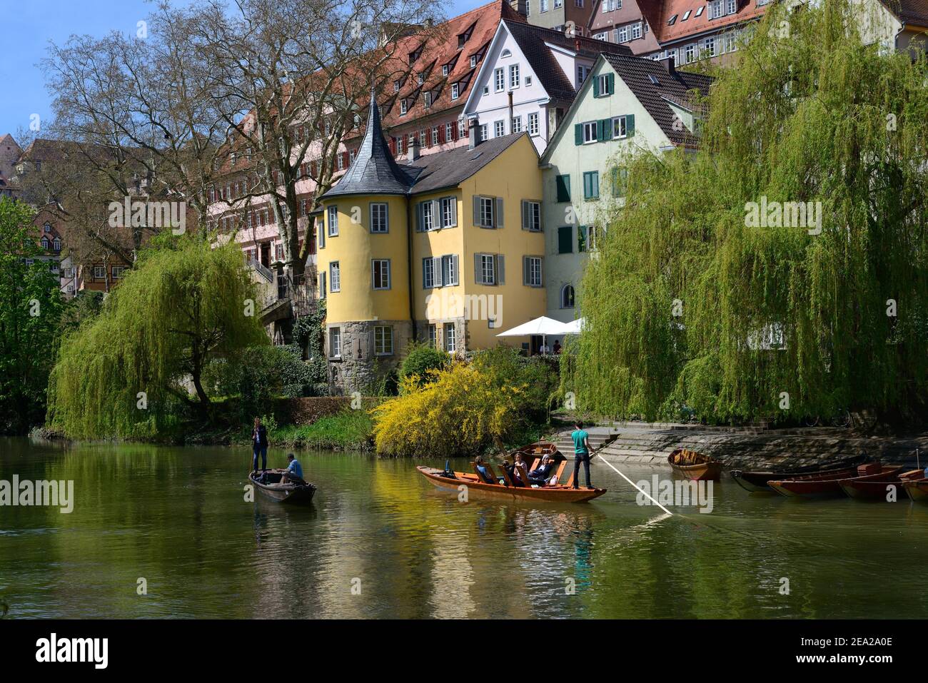 Old town of Tuebingen with Hoelderlin Tower on the Neckar, punting boat, punting boats, Baden-Wuerttemberg, Germany Stock Photo