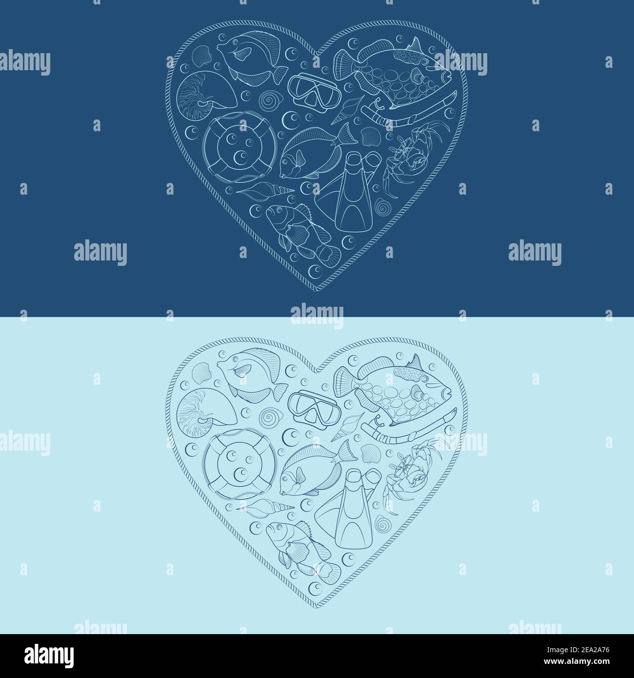 Marine objects in the shape of a heart. Isolated vector objects. Stock Vector