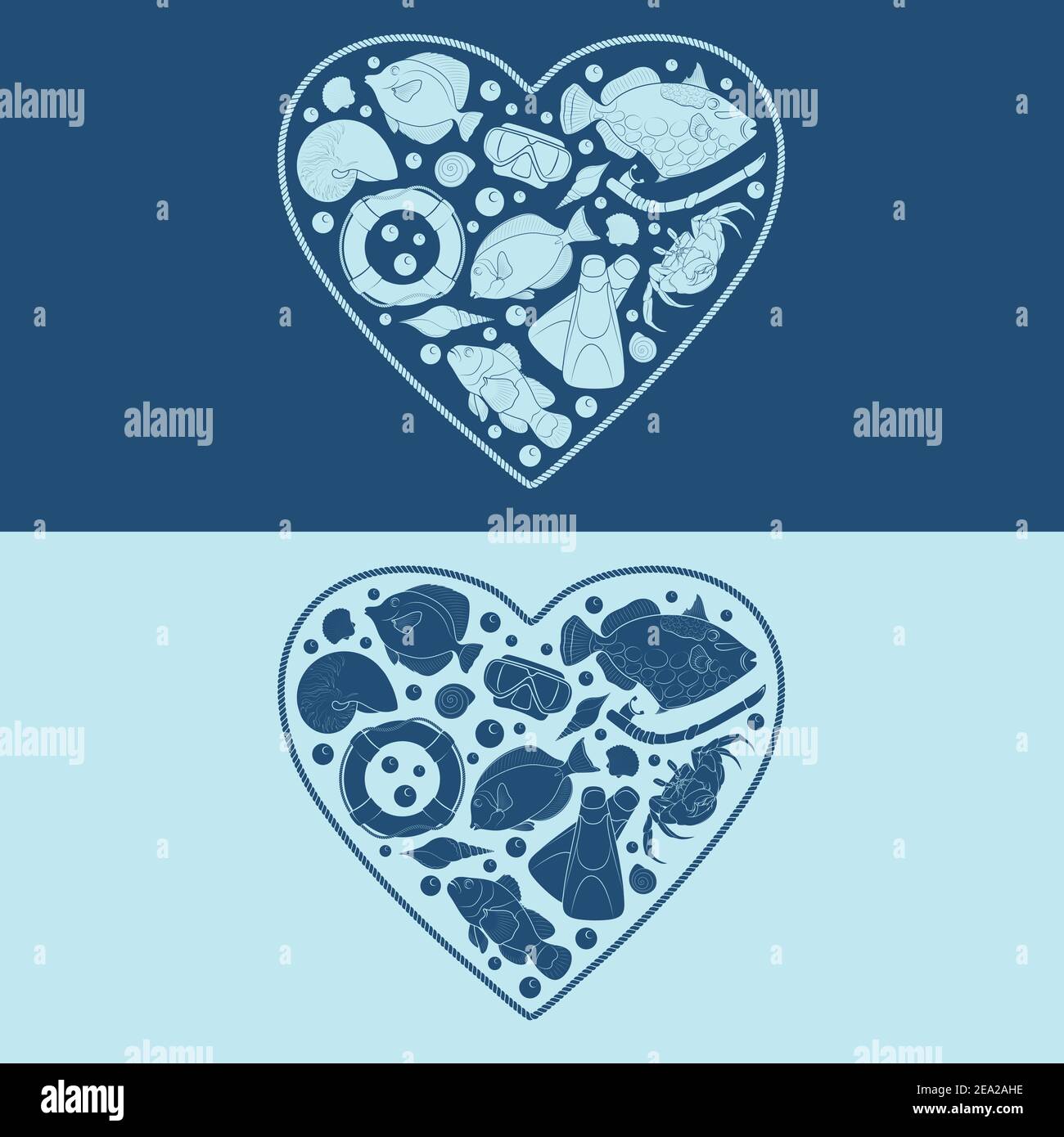 Marine objects in the shape of a heart. Isolated vector objects. Stock Vector