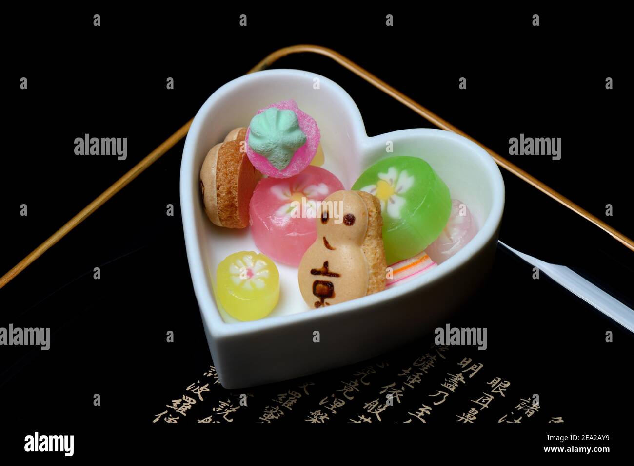 Wagashi, Japanese sweets in heartshaped bowls, candy, sweets Stock