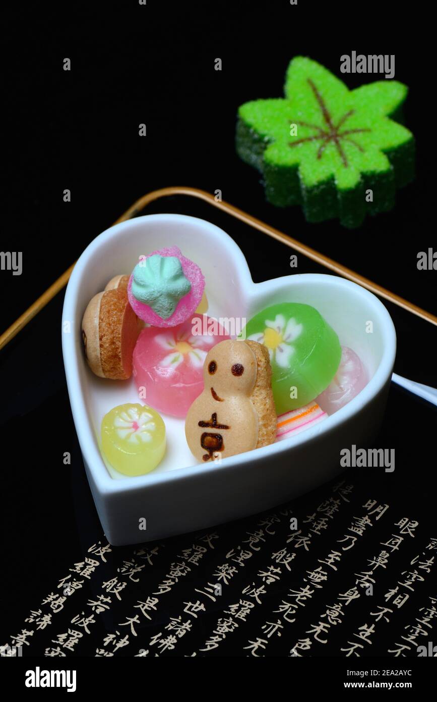 Wagashi, Japanese sweets in heart-shaped bowls, candy, sweets Stock Photo