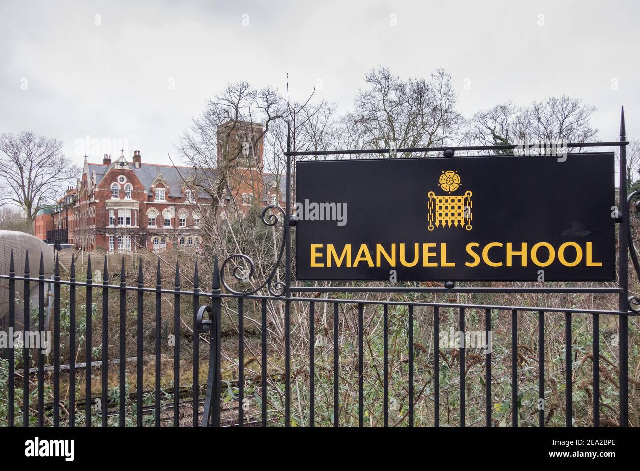 School signage outside Emanuel School, Battersea Rise, London, SW11, U.K. Stock Photo