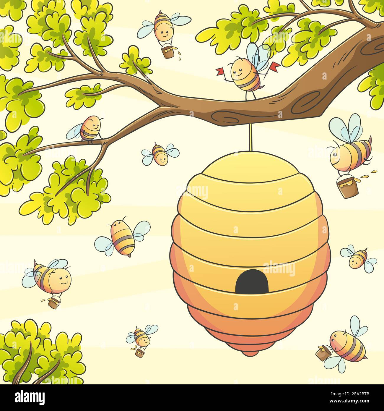 Bees at the hive. Hand drawn vector illustration with separate layers. Stock Vector
