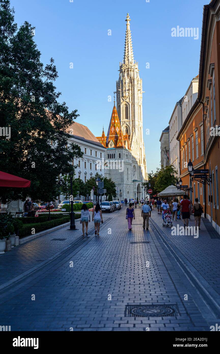Andras Hess Street in Budapest, Hungary  - Going up Andras Hess Street in the direction of the Church of Our Lady of the Assumption of Budavár. Stock Photo