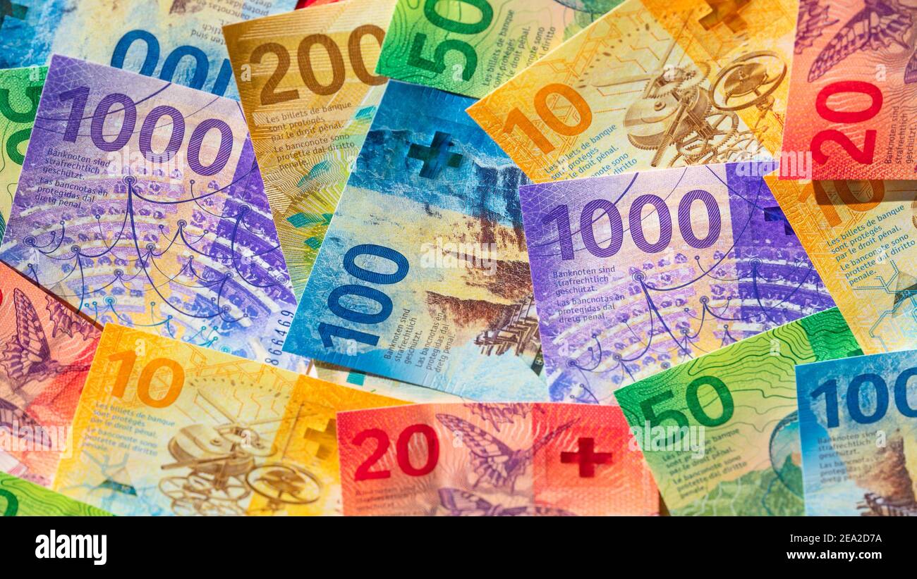 All Swiss Notes Collection of the new swiss banknotes (issued in 2017-2019 Stock Photo ...