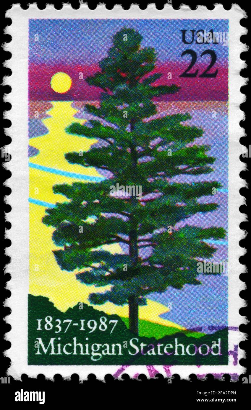 USA - CIRCA 1987: A Stamp printed in USA shows the White Pine, Michigan Statehood Sesquicent, circa 1987 Stock Photo