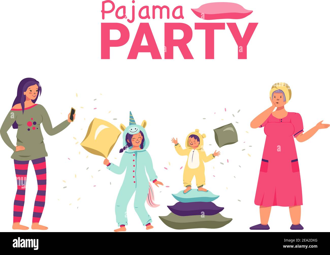 Pyjama party with kids, mom and grandmother Stock Vector