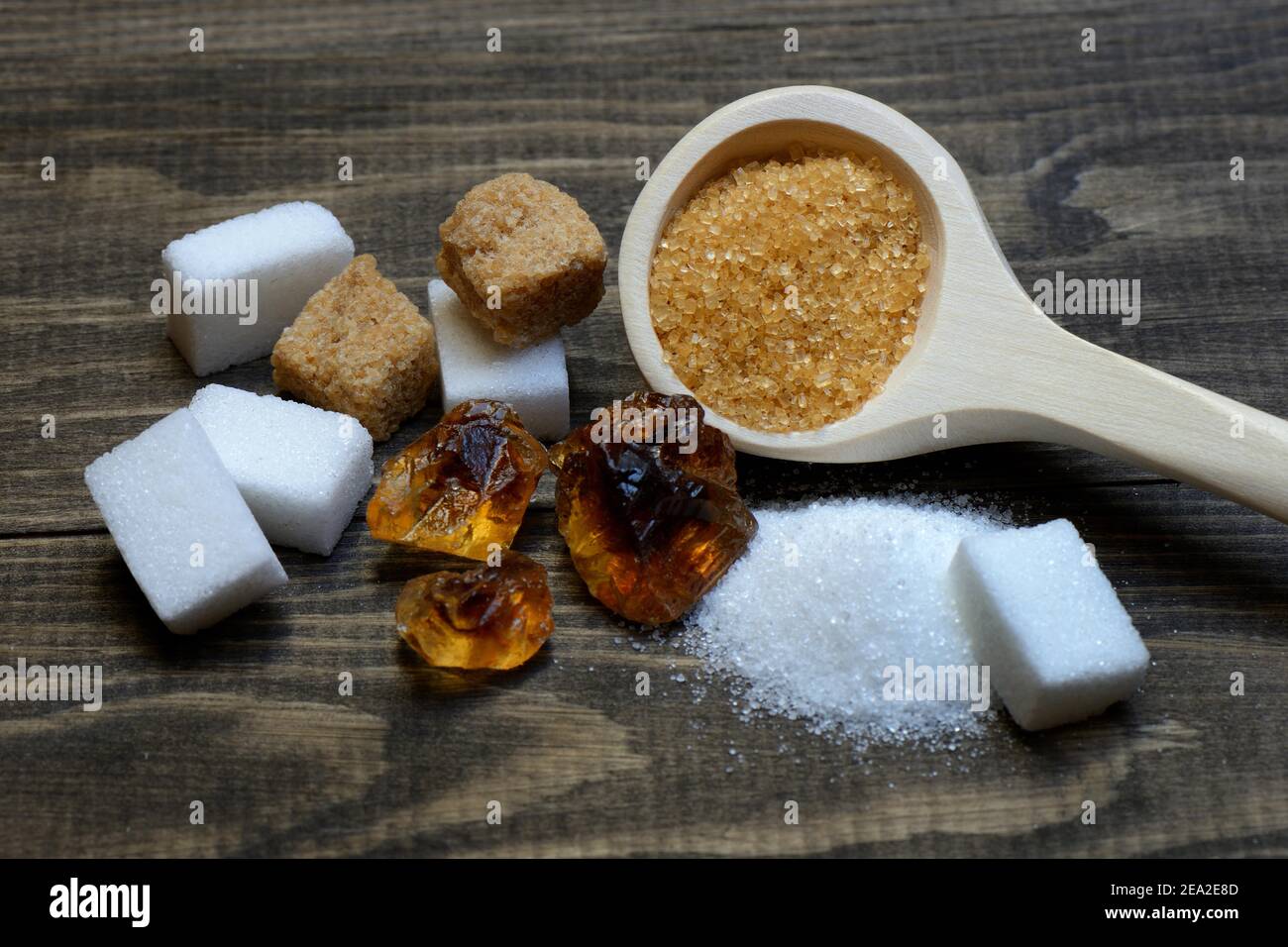 White and brown sugar, beet sugar, cane sugar, candy sugar, sugar cubes, granulated sugar Stock