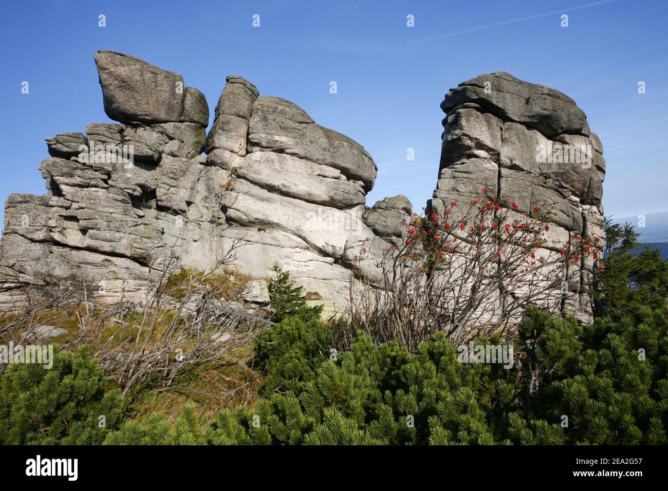 Poland, Karkonosze Mountain, Horse Heads Rocks. Stock Photo