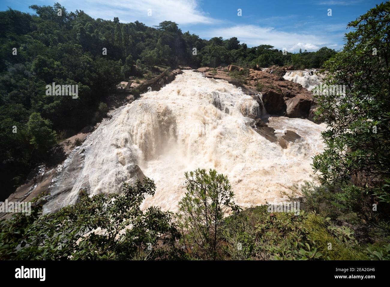 Wide angle of the Crocodile River and Cascades waterfall in the Nelspruit Botanical Gardens Stock Photo